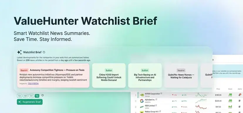 A screenshot showing ValueHunter's watchlist brief feature - cover image of the blog post